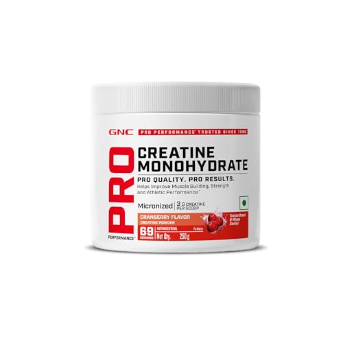 GNC Pro Performance Creatine Monohydrate – 3000mg Creatine Per Scoop | Micronized for Faster Absorption | Boosts Energy, Muscle Volume & Performance | Gluten-Free | Cranberry | 250gm