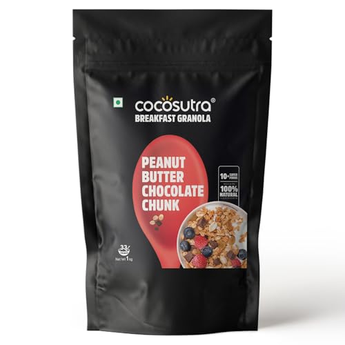 COCOSUTRA Peanut Butter Chocolate Chunk Breakfast Granola 1 kg | 100% Natural, Vegan & Gluten Free | High Protein Cereal with Oats, Nuts, Seeds and Dry Fruits | Lightly sweetened with Jaggery