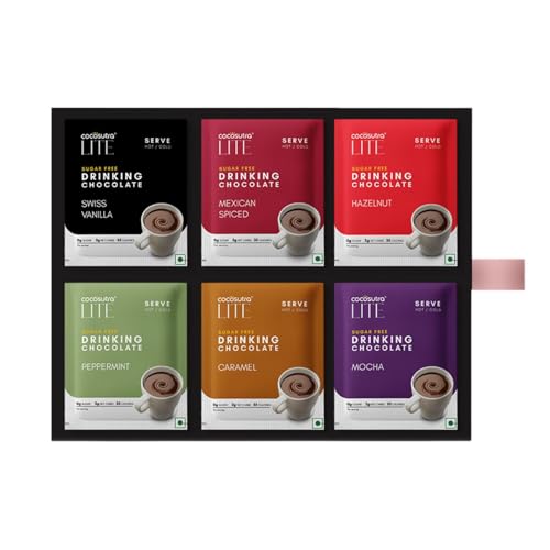 COCOSUTRA Sugar-Free Drinking Chocolate Mix | 18 Single-Serve Sachets (20g Each) | 3 Sachets Each Flavour | Swiss Vanilla, Mocha, Caramel, Hazelnut, Mexican Spiced & Peppermint | Zero Sugar | Low Carb | Low Calorie | Stevia & Erythritol Sweetened | 360 g