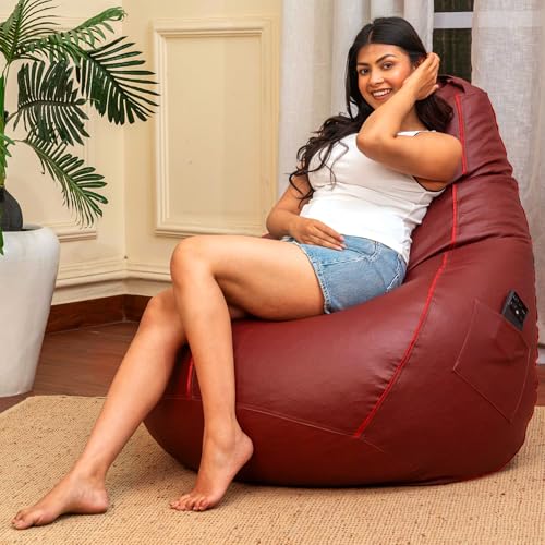 Sattva Classic Piping XXXL Bean Bag with Pocket Filled with Beans | Faux Leather Teardrop Bean Bag for Adults & Teens | Pre-Filled Comfortable Seating for Bedroom, Living Room – Tan with Red Piping