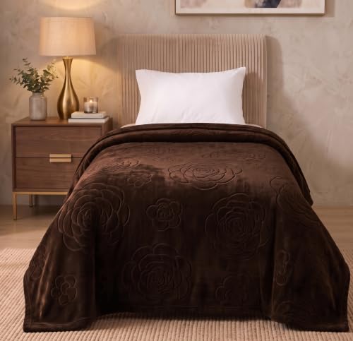 BSB HOME 280 GSM Micromink Blanket, Premium Soft Warm Cozy Winter Blanket, Plush Double Bed Blanket, Ultra Soft Comfortable Bedding, Embossed Floral Design, 40 x 80 Inches (103 x 205 cm) – Espresso