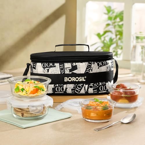 Borosil Nostalgia Universal Borosilicate Glass Lunchbox | 4 pc Round Container Set (320ml x 2 + 240ml x 2) | Microwave & Dishwasher Safe, Leakproof | Tiffin for Office, School, College | Transparent