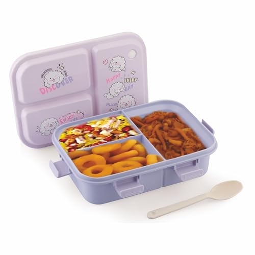 ATTRO Joy Kins Plastic Lunch Box – 3 Compartment Bento Tiffin, Leak-Proof & Durable, Plastic Spoon, Ideal for Kids, School, Picnic– 1260ml, Purple