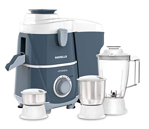 Havells Vitonica 500W Juicer Mixer Grinder 3 Stainless Steel Jars | Large Pulp Container | Foldable Juicing Spout| 2 Years Door Step Warranty by Havells (White & Light Blue)