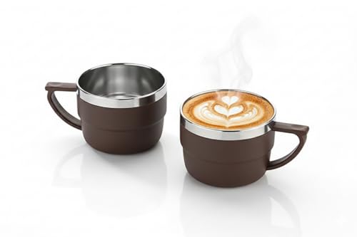 OLMARTT KITCHENWARE Tea & Coffee Cup Set, Unbreakable with Insulated Steel 150ML (2 Pcs,Brown)