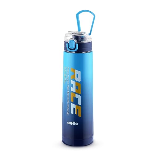CELLO Puro Steel-X Race Insulated Water Bottle for Daily Use 600 ml Blue | Stylish Colorful Easy Press Open Leak Proof Inner Steel Insulated Water Bottle for School, College, Travel, Biking & Office