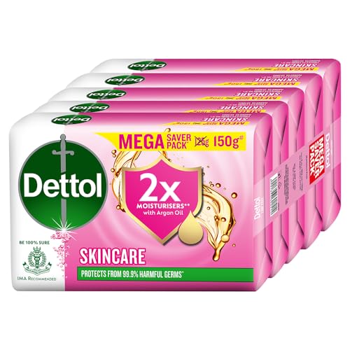Dettol Skincare Moisturizing Beauty Bathing Soap Bar with Argan Oil (750gm) | Softer Skin, Floral Scent, 150gm, Pack of 5 (3308668)