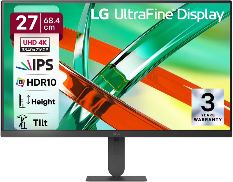 LG UltraFine 68.0 cm (27 inch) 4K Ultra HD LED Backlit IPS Panel with HDR10, DCI-P3 90%, 3-Side Virtually Borderless, DP, HDMI, Height/Tilt Adjustable Monitor (27U710B-BA / 27U710B-B)(Dynamic Action Sync, Response Time: 5 ms, 60 Hz Refresh Rate)