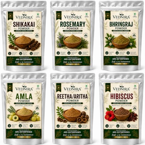 VEDNIRA Amla Reetha Shikakai Bhringraj Hibiscus Rosemary Original Powder Combo – 300g (50g x 6 Pack) | A Complete Natural Ayurvedic Powder Combo for Hair Growth, Hairfall Control & Damaged Repair