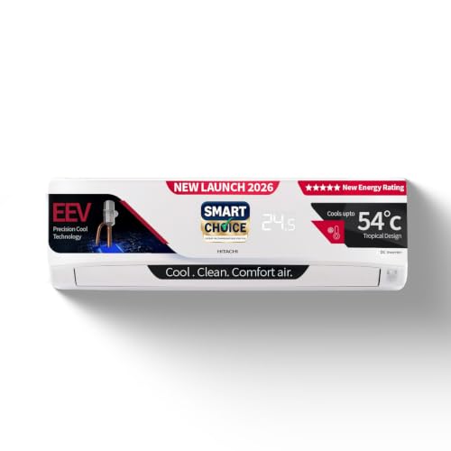 Hitachi Smart Choice 1.5 Ton 5 Star, New Star rated, Inverter Split AC (Copper, Smart View Display, 4 Way Swing, ice Clean, Anti-bacterial Filter,RAS.V518PCDIBT, White)
