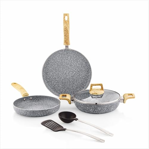 Amazon Basics Granite Finish Non Stick 5 Pcs Induction Base Cookware Set-Granito Grey (24cm Fry Pan, 24 cm Kadai, 28cm Tawa and 2 Nylon Spatulas)