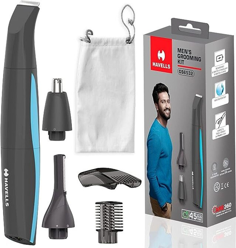 HAVELLS GS6532 5-in-1 Men’s Grooming Kit with Protective Combs, Rechargeable Grooming Kit 45 min  Runtime 4 Length Settings(Grey)