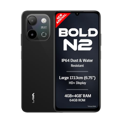 Lava Bold N2 (Indus Black, 4 Gb Ram, 64 Gb Storage) | 13Mp Ai Dual Rear Camera | Largest 6.75″ Hd+ Display | 5000 Mah Battery & 10W Charging | Ip64 Water & Dust Proof | Charger & Phone-Case In Box