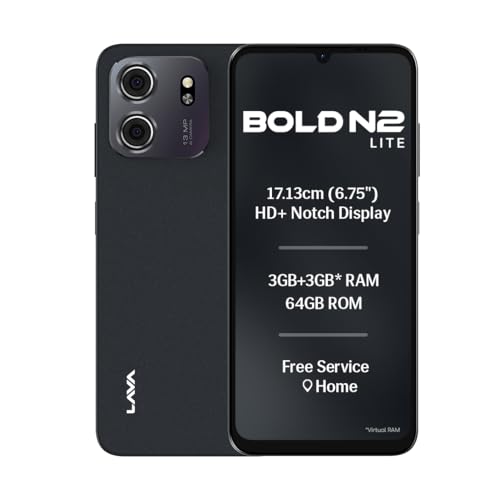 Lava Bold N2 Lite (Nilgiri Blue, 3 Gb Ram, 64 Gb Storage) | 6.75″ Hd+ Display | 13Mp Ai Dual Rear Camera | 5000 Mah Battery | Secure Face Unlock | Fingerprint Reader | Charger & Phone-Cover In Box