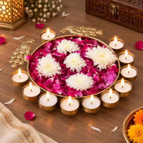 eCraftIndia Golden Metal Traditional Peacock Designer Urli with 11 Tea Light Holders – Perfect Diwali and Festival Home Decor Centerpiece